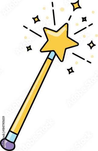 Vector illustration of a golden magic wand with a shining yellow star tip and sparkling effects,