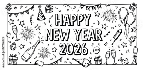 Simple happy new year 2026 icon set with champagne, balloons, fireworks and gifts black and white line art