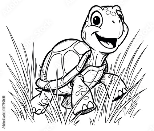 Cute turtle character set with grass hand drawn outline illustration
