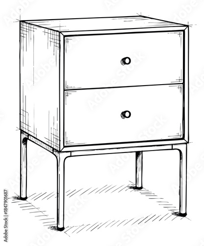 Simple bedside table with drawers hand drawn sketch