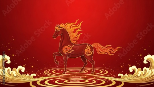 mythical fiery horse emerging from golden waves on a vibrant red background