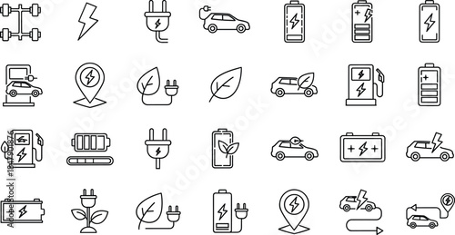 Black and white electric vehicle icons with eco-friendly energy symbols for sustainable transport, charging stations, and green mobility concepts.