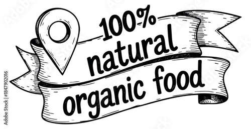 Vintage organic food label set with ribbon and location pin hand drawn outline illustration