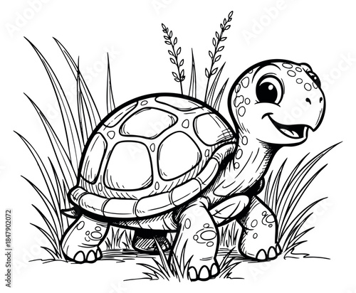 Cute turtle character with grass background hand drawn sketch