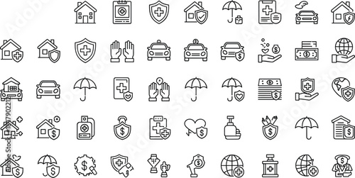 Black and white insurance icons featuring healthcare, financial safety, global coverage, and protection tools for digital platforms and services.