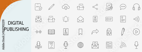 digital publishing and media icons, minimal line vector symbol set
