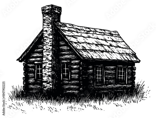 Vintage log cabin with chimney and windows hand drawn outline illustration