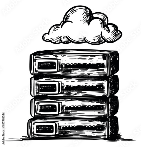 Hand drawn data server stack with cloud computing illustration
