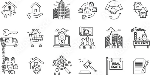 Black and White Line Icons Depicting Real Estate Concepts for Property Marketing, Investment, Development, and Online Transaction Design
