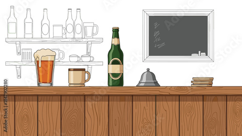A detailed illustration depicts a bar counter with drinks, shelves, and a chalkboard, creating a cozy pub atmosphere.