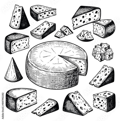 Cheese set with cheese wheel, wedges and chunks hand drawn outline illustration