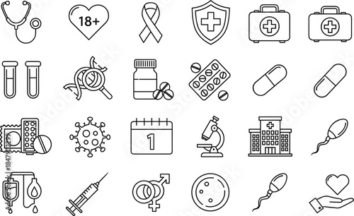 Black and White Line Icons Representing Medical, Healthcare, and Sexual Health Concepts for Educational, Clinical, and Digital Design Use