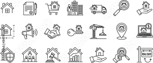 Black and white real estate icons featuring homes, contracts, marketing, legal tools, and infrastructure for property platforms and services.