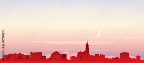 Red panoramic poster of the city skyline with misty background buildings, sunrise, moon and clouds of LODZ, POLAND