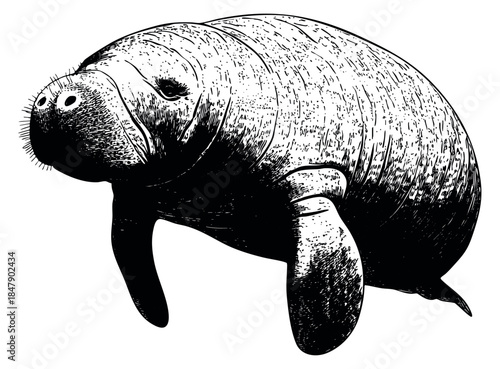 Vintage manatee illustration black and white line art