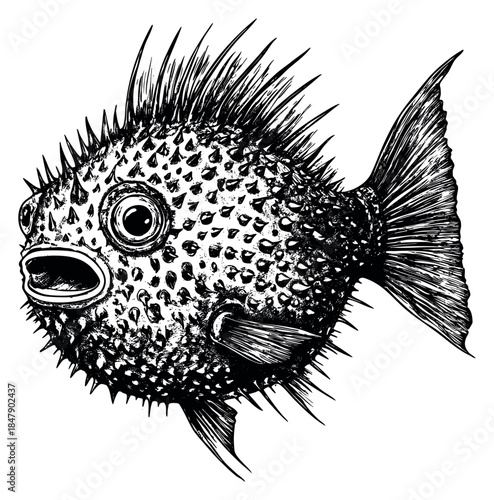 Pufferfish illustration with spines and scales hand drawn sketch