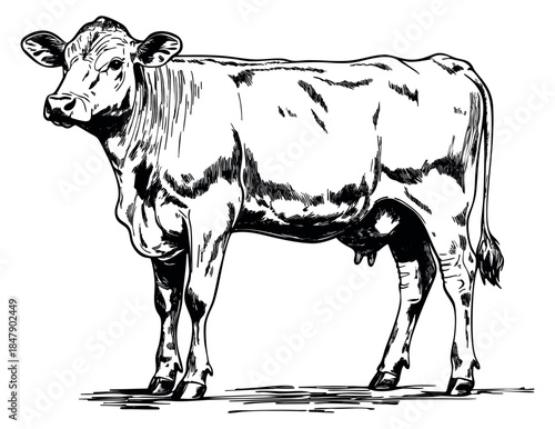 Cow illustration with detailed black and white line art