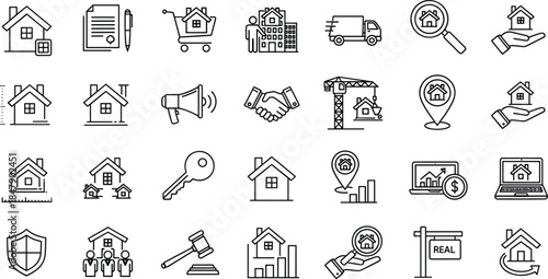 Black and white real estate icons featuring homes, contracts, search tools, and infrastructure for property platforms and legal services.