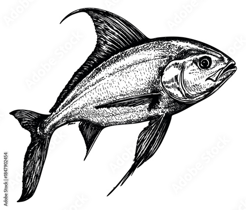 Hand drawn fish illustration with detailed fins and scales