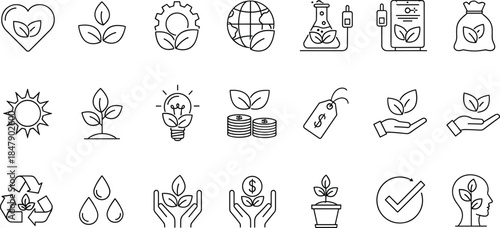 Black and white sustainability icons featuring eco-friendly growth, green economy, and environmental care for conscious design and education.