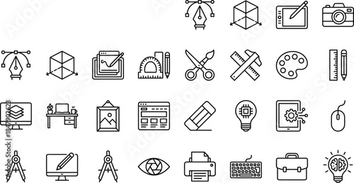 Collection of graphic design linear icons featuring creative tools like pen palette camera and digital art symbols in black outline style