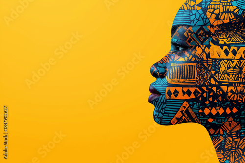 Profile of a black woman with vibrant African patterns on orange background  
