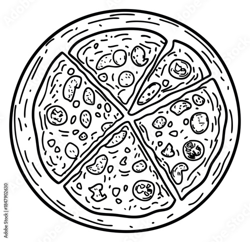 Simple pizza slice set with pepperoni and mushrooms black and white line art