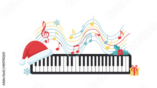 Festive piano keys are adorned with a santa hat, musical notes, holly, and a gift, creating a joyful holiday scene.