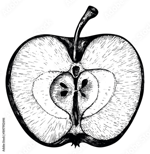 Vintage apple half with seeds hand drawn sketch