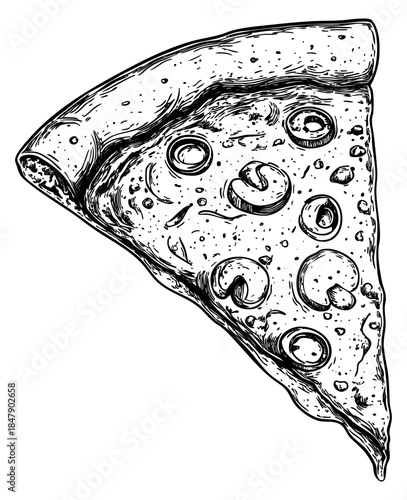 Pizza slice illustration with mushrooms and olives hand drawn outline illustration