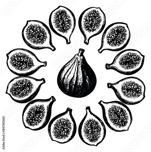 Fig fruit collection with whole and sliced figs hand drawn outline illustration