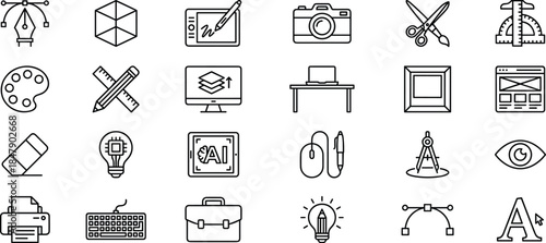 Collection of graphic design linear icons featuring creative tools like pen palette camera and digital art symbols in black outline style