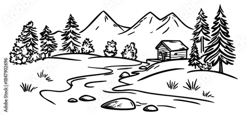 Simple mountain landscape set with river, pine trees and cabin black and white line art