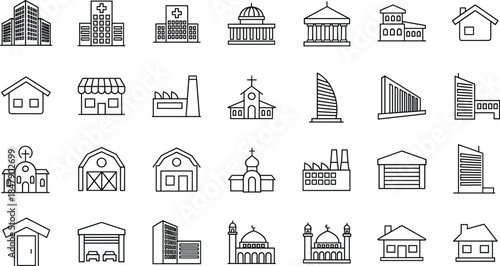 Comprehensive Architecture and Building Line Icon Set Featuring Hospitals, Factories, Houses, Government Offices, Schools, Religious Structures, Industrial Plants, and Urban Infrastructure Symbols