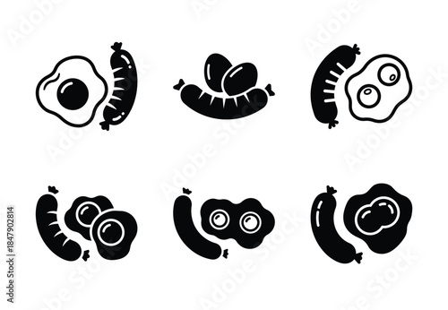 set of food sausage and eggs silhouette icon vector illustration isolated on white background