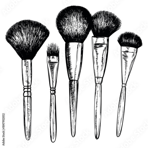 Vintage makeup brush set with powder and blush brushes black and white line art