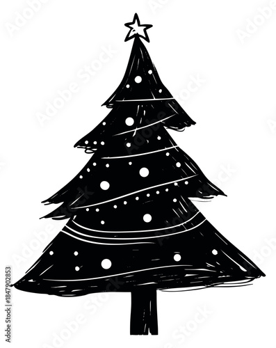 Simple christmas tree icon with star and baubles hand drawn outline illustration