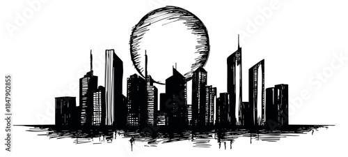Modern city skyline set with skyscrapers and sun hand drawn sketch