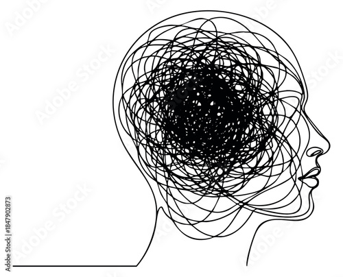 Minimal human head icon set with tangled lines inside head black and white line art