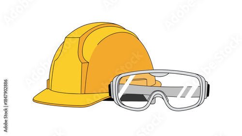 Safety gear including a yellow hard hat and protective goggles are essential for workplace protection.