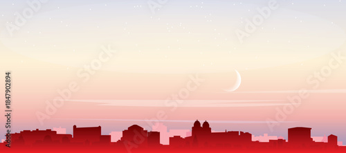 Red panoramic poster of the city skyline with misty background buildings, sunrise, moon and clouds of ZURICH, SWITZERLAND