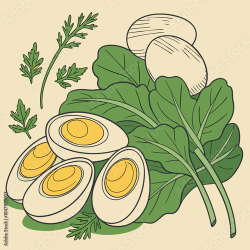 Hard boiled eggs with green leaves and herbs egg halves