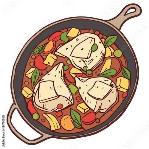 Samosas in a frying pan with vegetables food cartoon