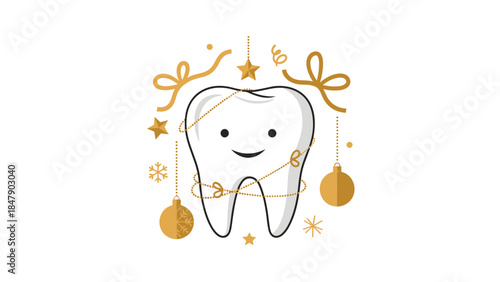 Festive tooth illustration decorated with golden ornaments and twinkling stars celebrates dental health during the holiday season.