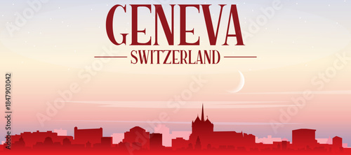 Red panoramic poster of the city skyline with misty background buildings, sunrise, moon and clouds of GENEVA, SWITZERLAND