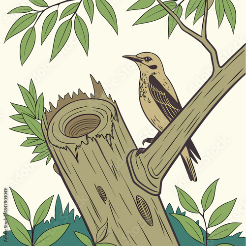 Bird perched on tree stump with green leaves branch