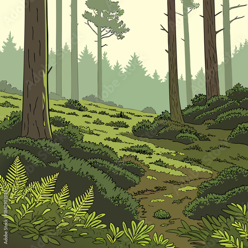 Forest landscape with trees and ferns on a hillside