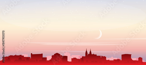 Red panoramic poster of the city skyline with misty background buildings, sunrise, moon and clouds of BASEL, SWITZERLAND
