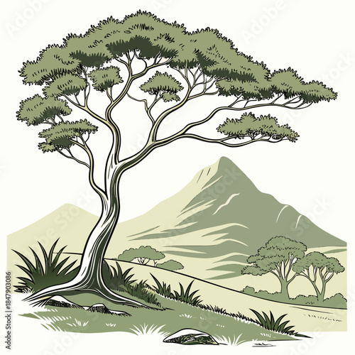 Large tree on a hill with mountain landscape nature