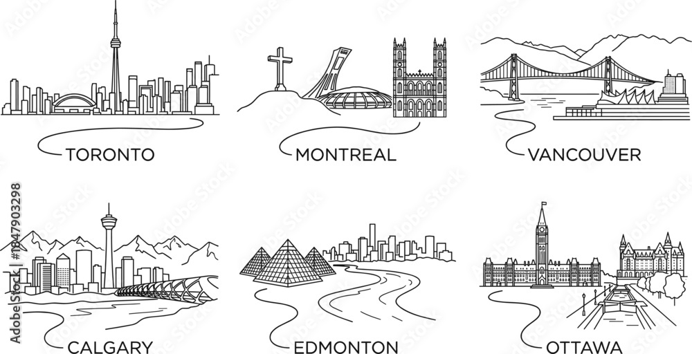 Fototapeta premium Canadian major cities skyline landmark set line art illustration